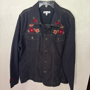 Rebecca Malone Black Denim Jacket with Red Floral Embroidery